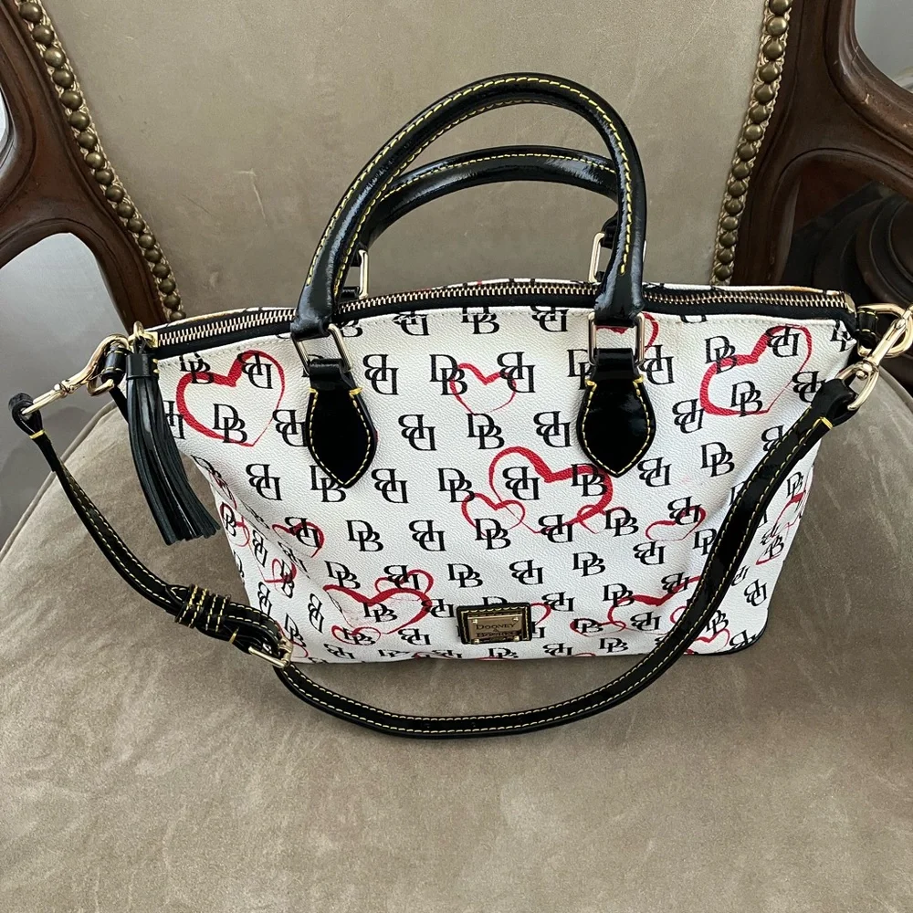 Dooney & Bourke w/ Black Patent Leather Tassel, Handles, Optional Strap and Trim - Picture 2 of 16